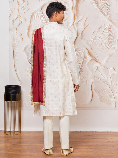Men's Cream Cotton Blend Kurta, Pant And Dupatta Set